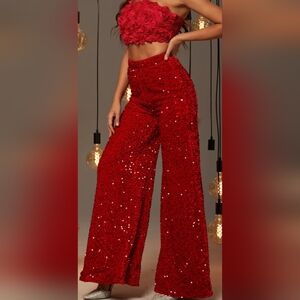 NWT 2 PIECE RED SEQUIN PANTS WITH 3D FLOWER APPLIQUE BANDEAU TOP
